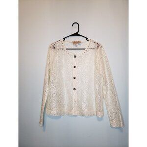 New Frontier Womens L Floral Lace Cardigan Top Button Long Sleeve Cream Western